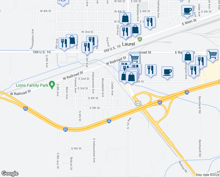 map of restaurants, bars, coffee shops, grocery stores, and more near 304 Cedar Avenue in Laurel