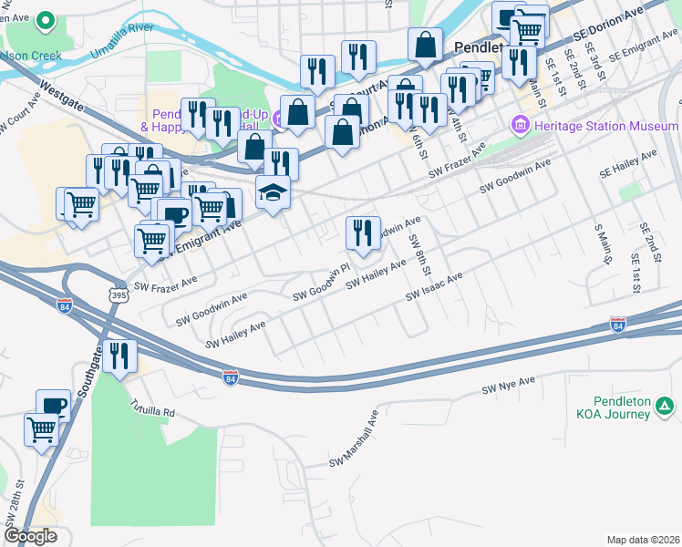 map of restaurants, bars, coffee shops, grocery stores, and more near 1112 Southwest Goodwin Place in Pendleton