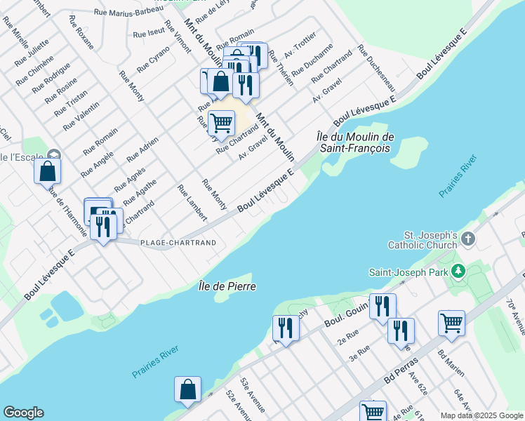 map of restaurants, bars, coffee shops, grocery stores, and more near Rue Stella in Laval