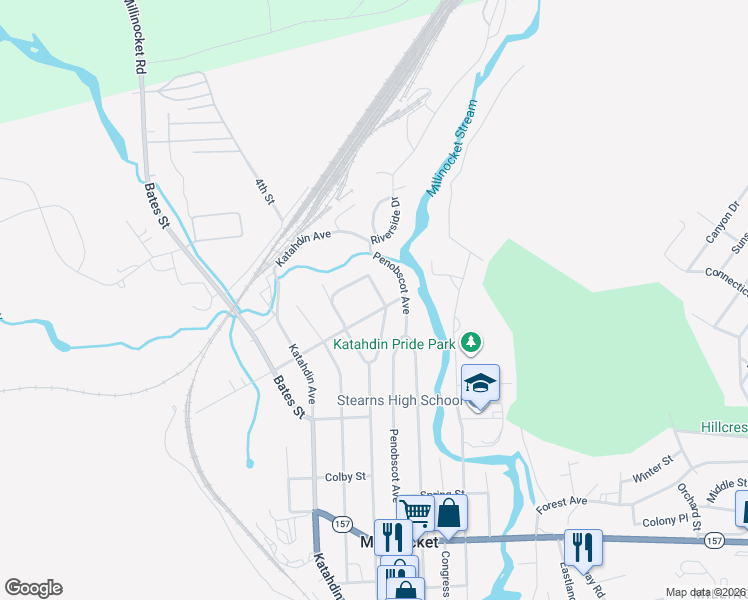 map of restaurants, bars, coffee shops, grocery stores, and more near 47 Bowdoin Street in Millinocket
