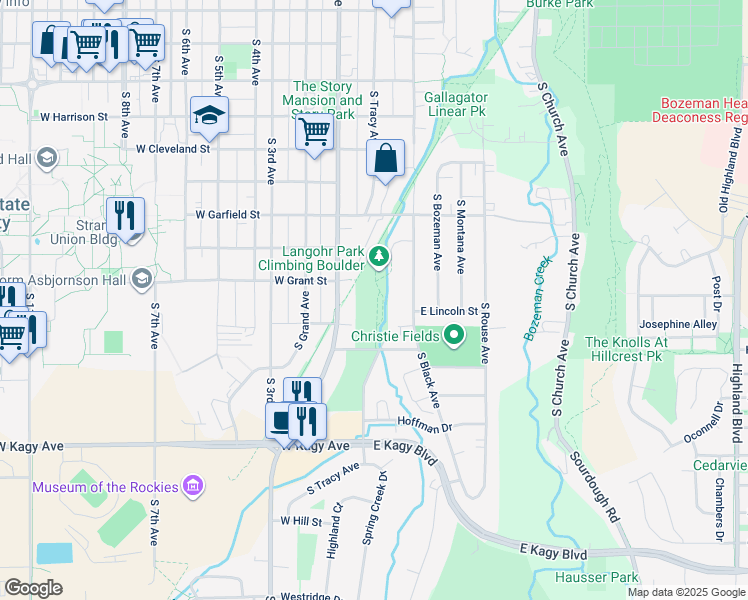 map of restaurants, bars, coffee shops, grocery stores, and more near Gallagator Linear Trail in Bozeman