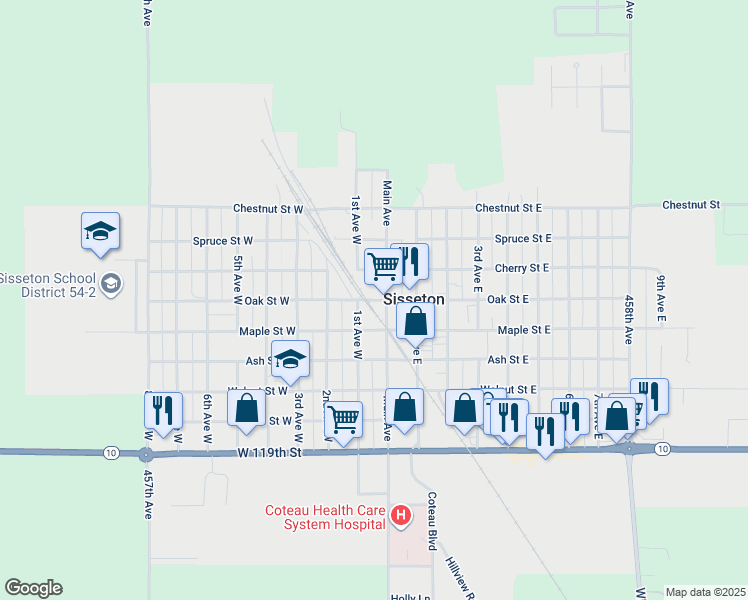 map of restaurants, bars, coffee shops, grocery stores, and more near 50 Oak Street West in Sisseton