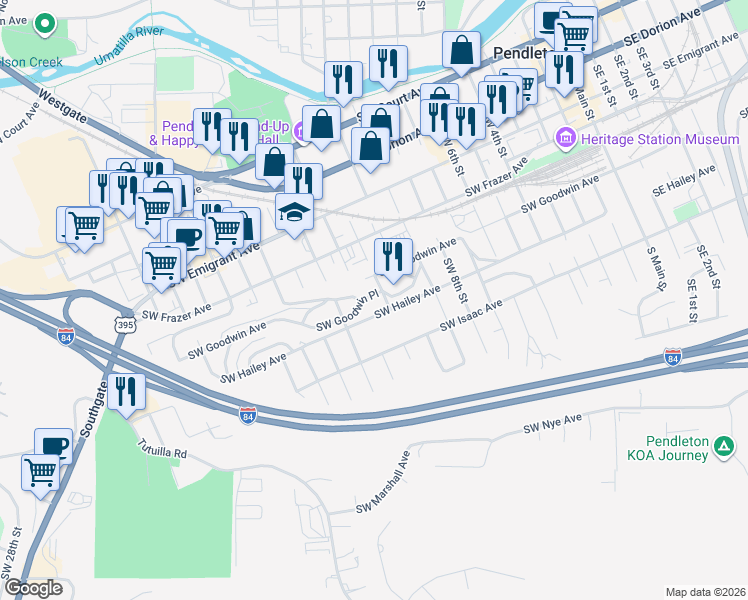 map of restaurants, bars, coffee shops, grocery stores, and more near 1112 Southwest Goodwin Place in Pendleton