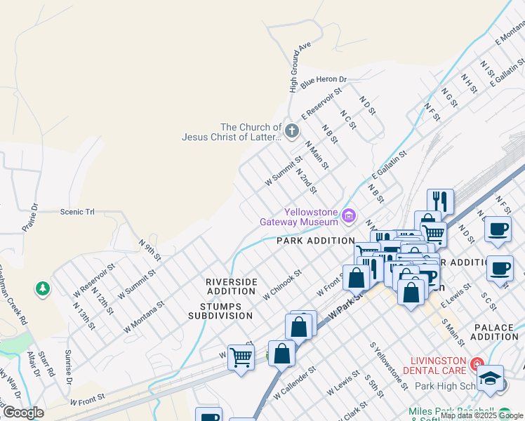 map of restaurants, bars, coffee shops, grocery stores, and more near 611 North Yellowstone Street in Livingston