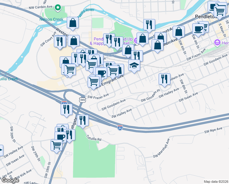 map of restaurants, bars, coffee shops, grocery stores, and more near 1704 Southwest Frazer Avenue in Pendleton