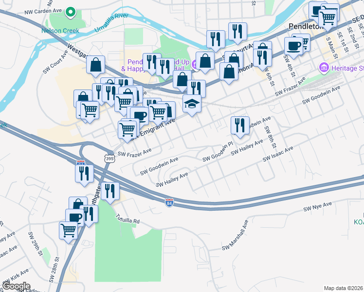 map of restaurants, bars, coffee shops, grocery stores, and more near 1512 Southwest Frazer Avenue in Pendleton
