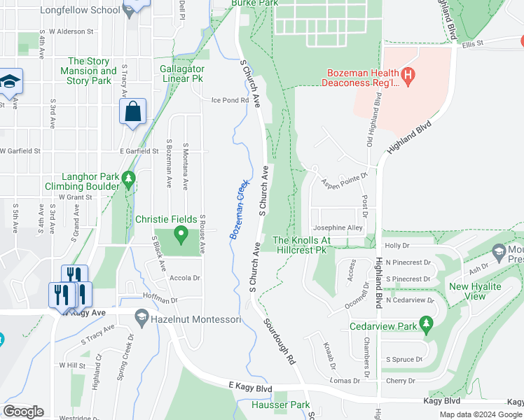 map of restaurants, bars, coffee shops, grocery stores, and more near 1330 South Church Avenue in Bozeman