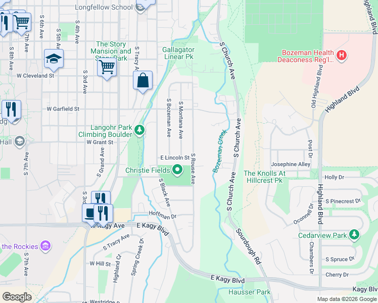 map of restaurants, bars, coffee shops, grocery stores, and more near 1417 South Rouse Avenue in Bozeman