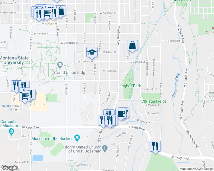 map of restaurants, bars, coffee shops, grocery stores, and more near 1419 South Grand Avenue in Bozeman