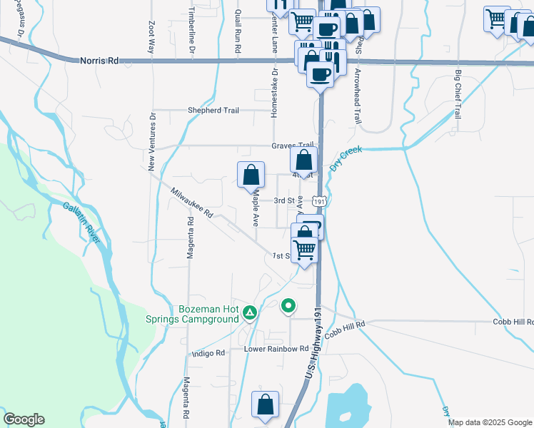 map of restaurants, bars, coffee shops, grocery stores, and more near 125 Central Avenue in Bozeman