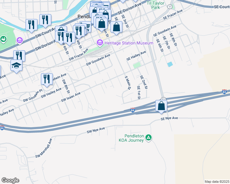 map of restaurants, bars, coffee shops, grocery stores, and more near 937 Main Place in Pendleton
