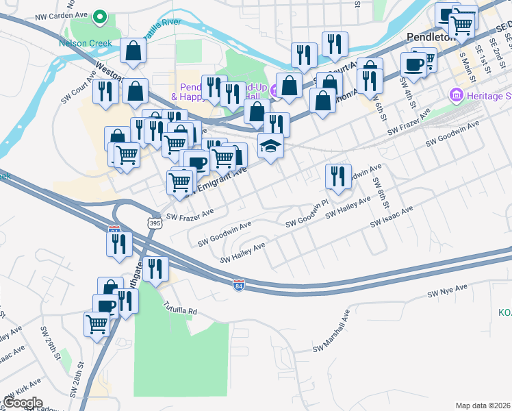 map of restaurants, bars, coffee shops, grocery stores, and more near 1512 Southwest Frazer Avenue in Pendleton