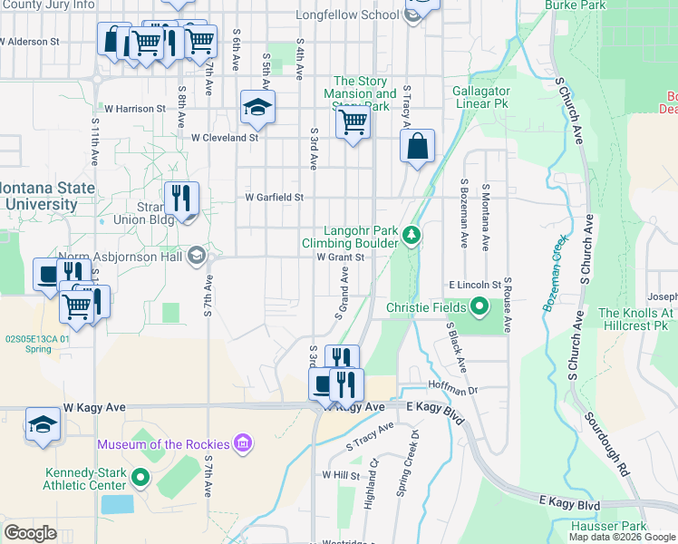 map of restaurants, bars, coffee shops, grocery stores, and more near 1419 South Grand Avenue in Bozeman