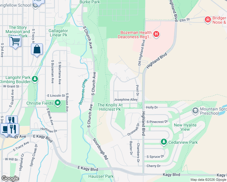 map of restaurants, bars, coffee shops, grocery stores, and more near 1400 Kenyon Drive in Bozeman