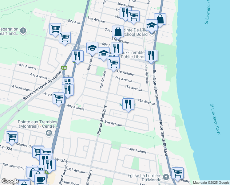 map of restaurants, bars, coffee shops, grocery stores, and more near 1575 43e Avenue in Montréal