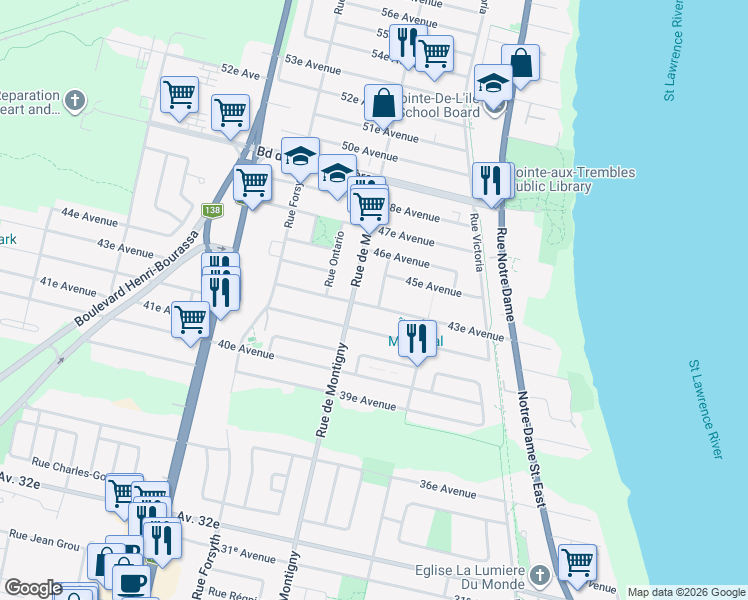 map of restaurants, bars, coffee shops, grocery stores, and more near 1575 43e Avenue in Montréal