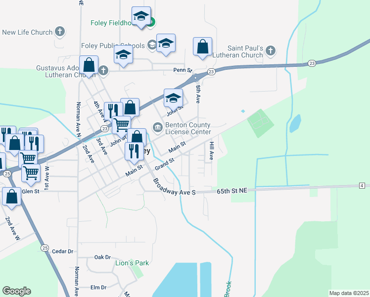 map of restaurants, bars, coffee shops, grocery stores, and more near 619 Grand Street in Foley