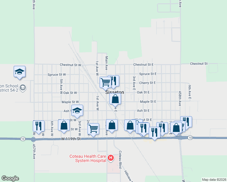 map of restaurants, bars, coffee shops, grocery stores, and more near 502 1st Avenue East in Sisseton