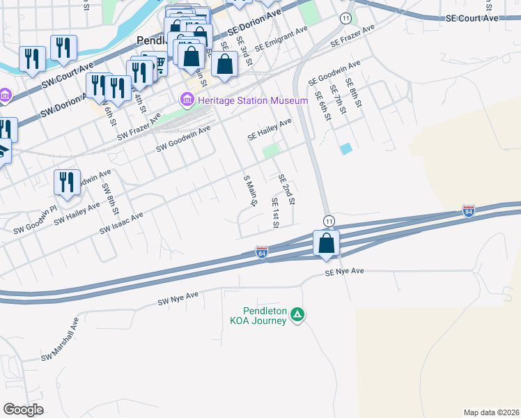 map of restaurants, bars, coffee shops, grocery stores, and more near 937 Southeast 1st Street in Pendleton