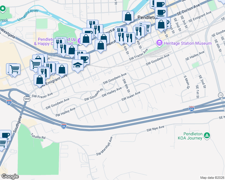 map of restaurants, bars, coffee shops, grocery stores, and more near 1009 Southwest Goodwin Place in Pendleton