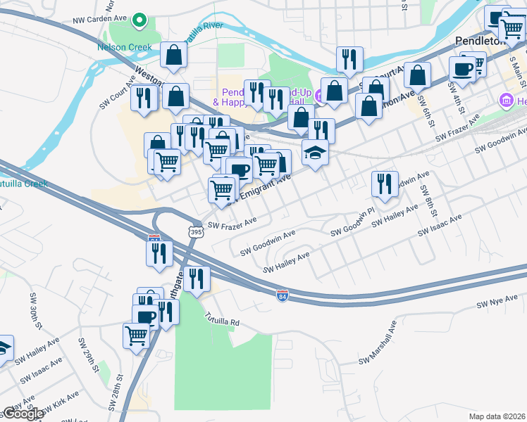 map of restaurants, bars, coffee shops, grocery stores, and more near 1704 Southwest Frazer Avenue in Pendleton