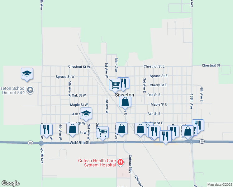 map of restaurants, bars, coffee shops, grocery stores, and more near 50-68 Oak Street West in Sisseton