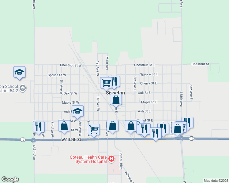 map of restaurants, bars, coffee shops, grocery stores, and more near 502 1st Avenue East in Sisseton