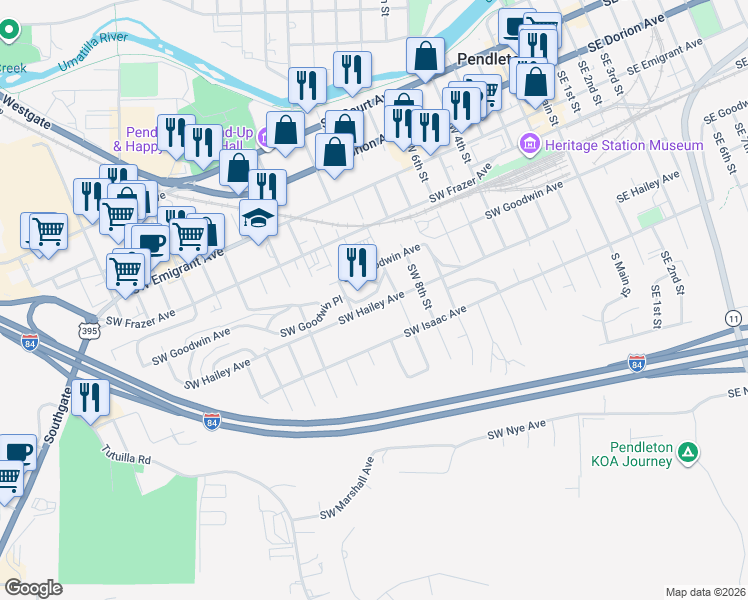map of restaurants, bars, coffee shops, grocery stores, and more near 1009 Southwest Goodwin Place in Pendleton