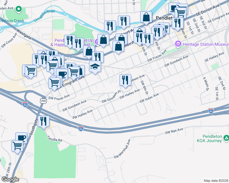 map of restaurants, bars, coffee shops, grocery stores, and more near 1112 Southwest Goodwin Place in Pendleton