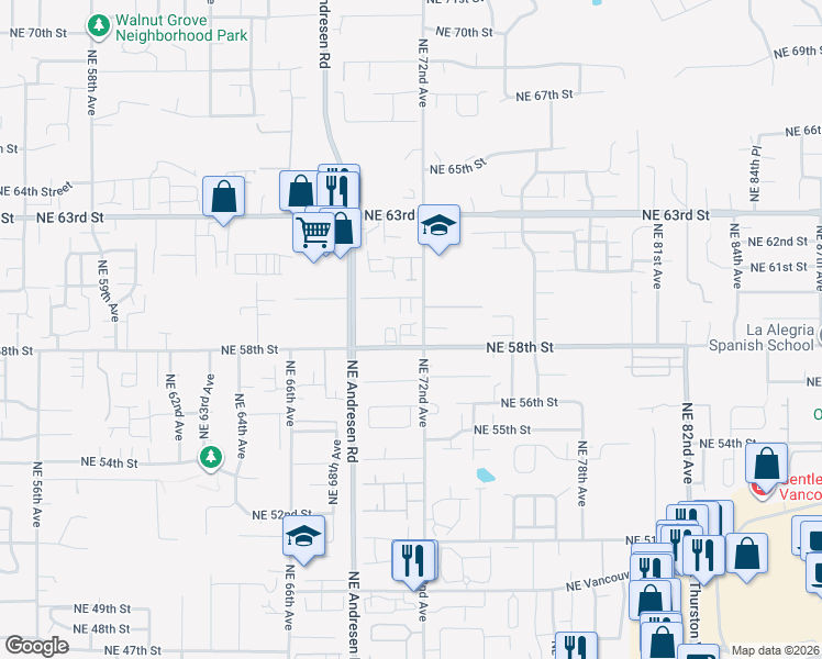 map of restaurants, bars, coffee shops, grocery stores, and more near 5801 Northeast 72nd Avenue in Vancouver