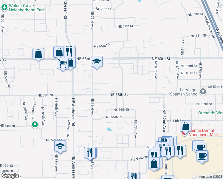map of restaurants, bars, coffee shops, grocery stores, and more near 7417 Northeast 58th Way in Vancouver