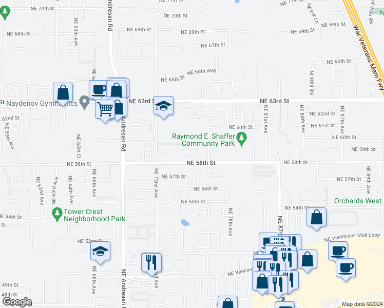 map of restaurants, bars, coffee shops, grocery stores, and more near 7420 Northeast 58th Way in Vancouver