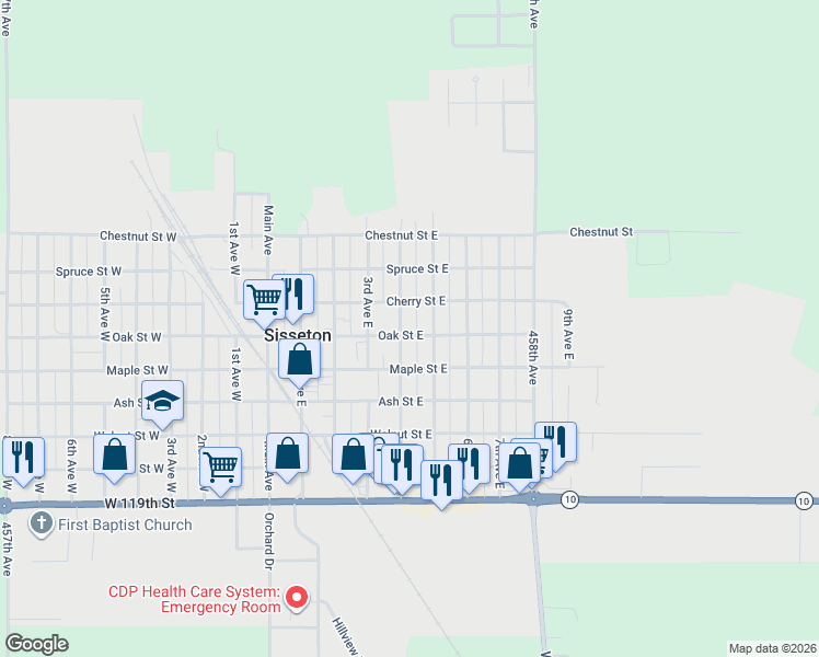 map of restaurants, bars, coffee shops, grocery stores, and more near in Sisseton