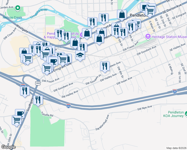 map of restaurants, bars, coffee shops, grocery stores, and more near 1302 Southwest Goodwin Lane in Pendleton