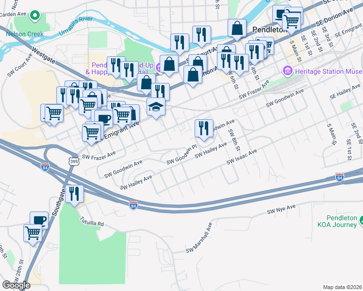 map of restaurants, bars, coffee shops, grocery stores, and more near 1302 Southwest Goodwin Lane in Pendleton