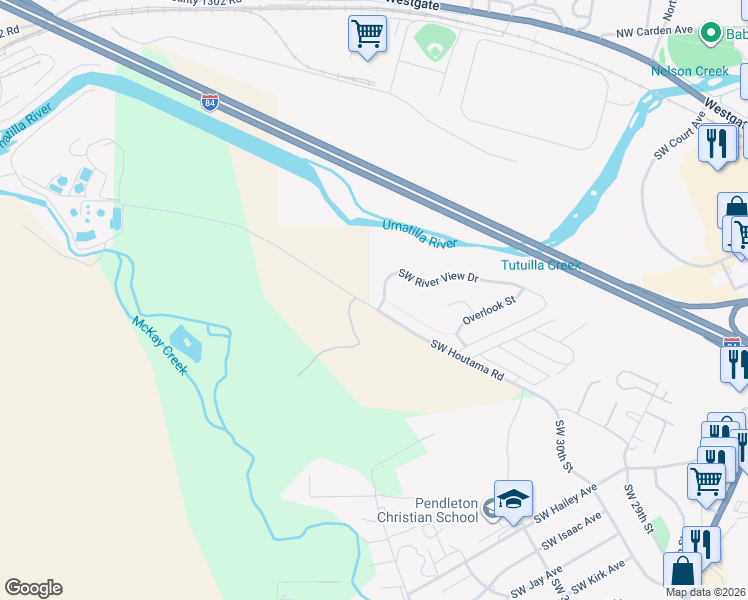 map of restaurants, bars, coffee shops, grocery stores, and more near 3127 Southwest River View Drive in Pendleton