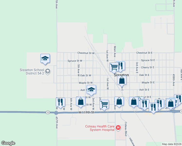 map of restaurants, bars, coffee shops, grocery stores, and more near in Sisseton