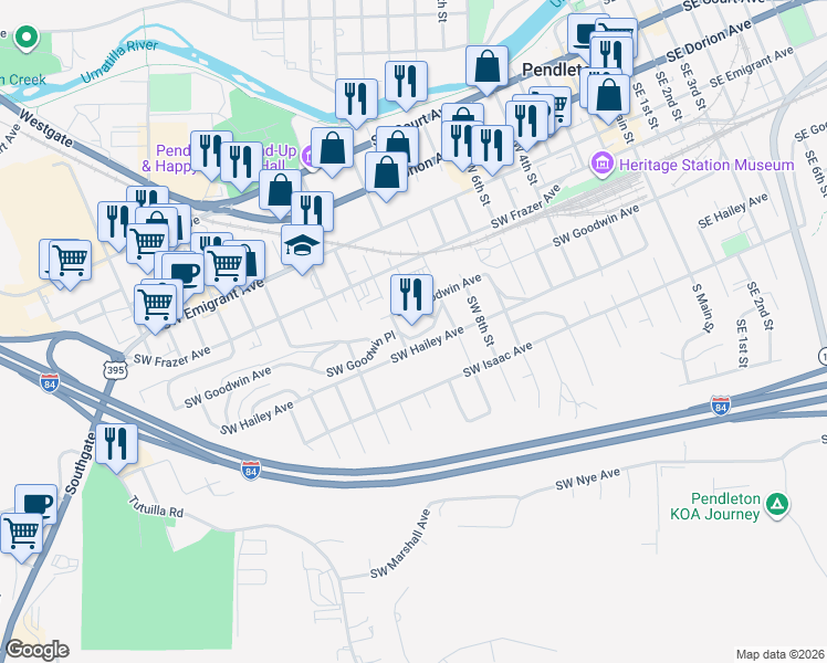 map of restaurants, bars, coffee shops, grocery stores, and more near 1009 Southwest Goodwin Place in Pendleton