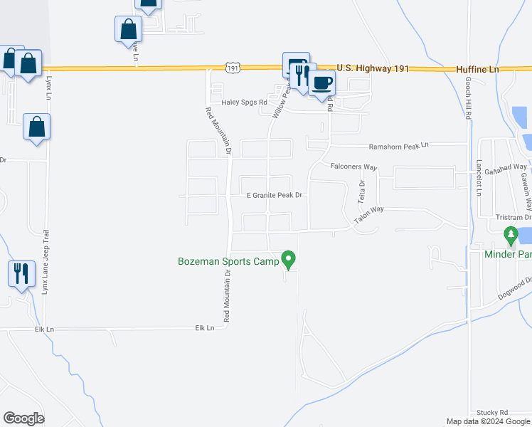 map of restaurants, bars, coffee shops, grocery stores, and more near Horsethief Peak Court in Gallatin County
