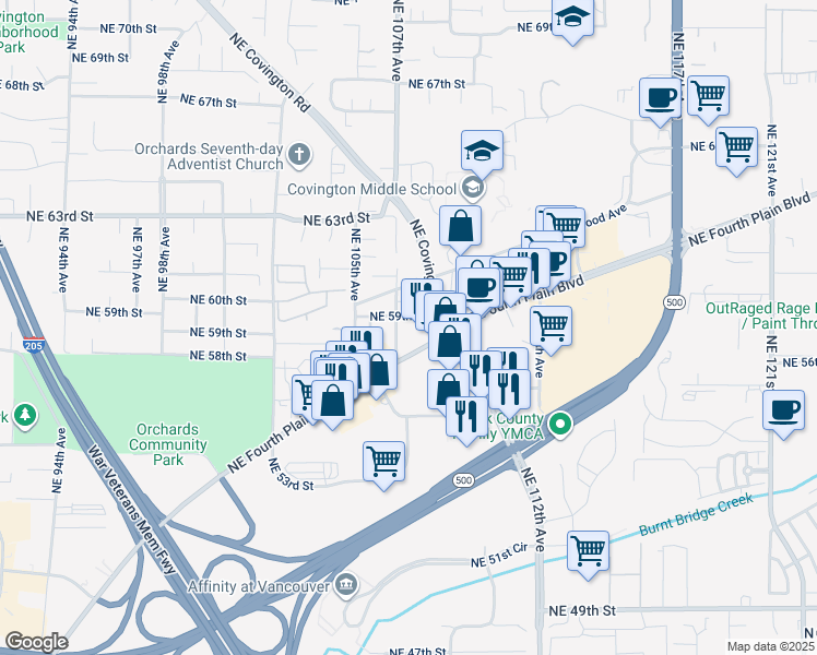 map of restaurants, bars, coffee shops, grocery stores, and more near 10620 Northeast Fourth Plain Boulevard in Vancouver