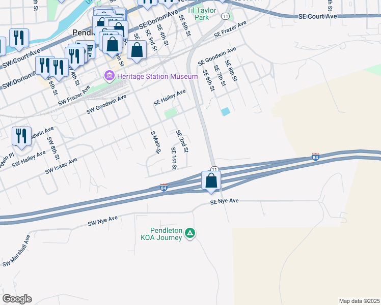 map of restaurants, bars, coffee shops, grocery stores, and more near 943 Southeast 2nd Street in Pendleton