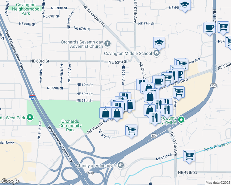 map of restaurants, bars, coffee shops, grocery stores, and more near 13016 Northeast 58th Street in Vancouver