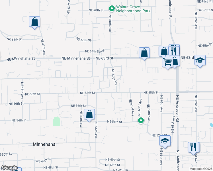 map of restaurants, bars, coffee shops, grocery stores, and more near 5719 Northeast 58th Way in Vancouver