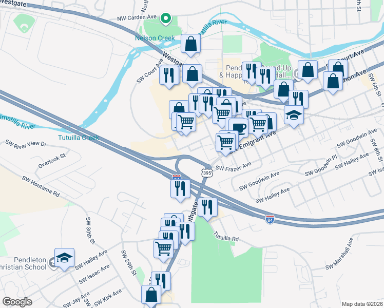 map of restaurants, bars, coffee shops, grocery stores, and more near 316 Southwest 22nd Street in Pendleton