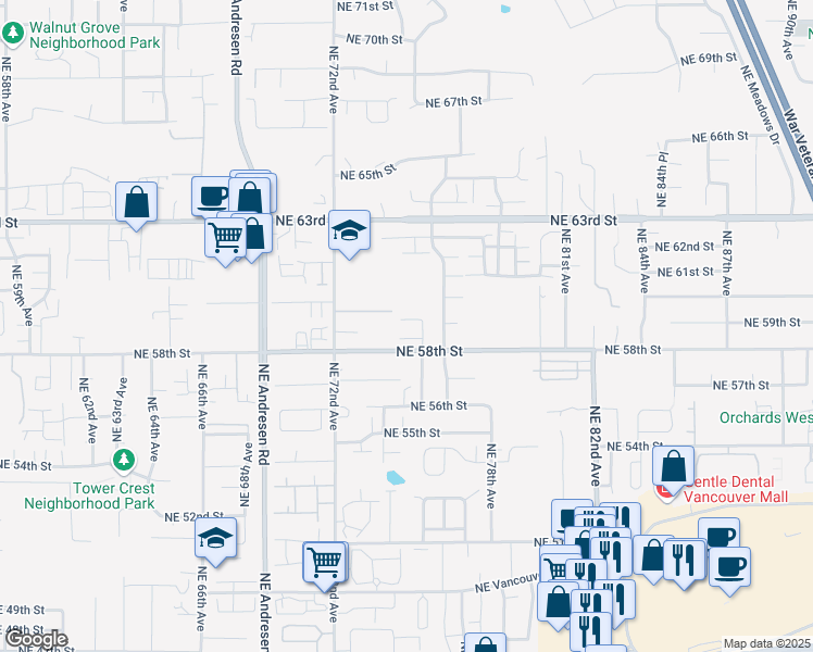 map of restaurants, bars, coffee shops, grocery stores, and more near 7417 Northeast 58th Way in Vancouver