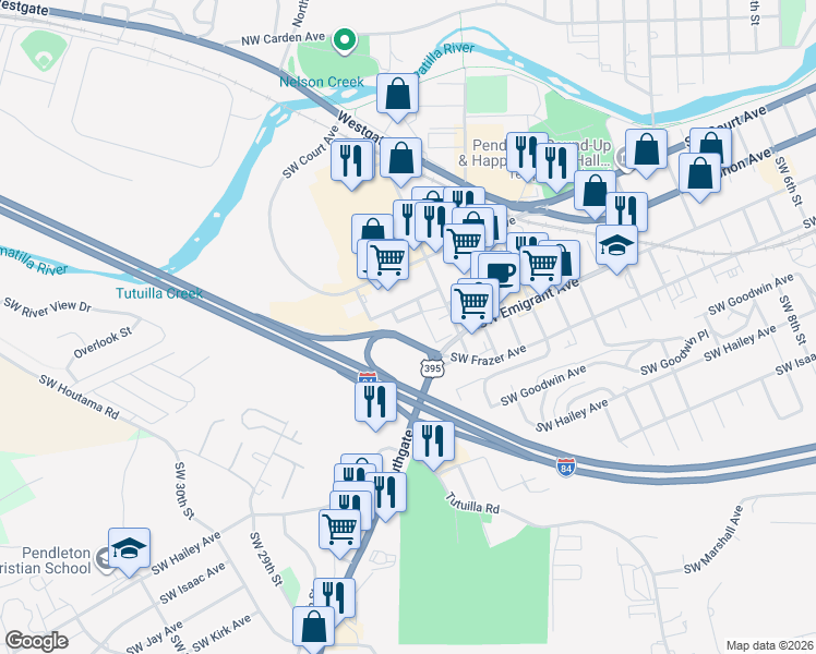 map of restaurants, bars, coffee shops, grocery stores, and more near 316 Southwest 22nd Street in Pendleton