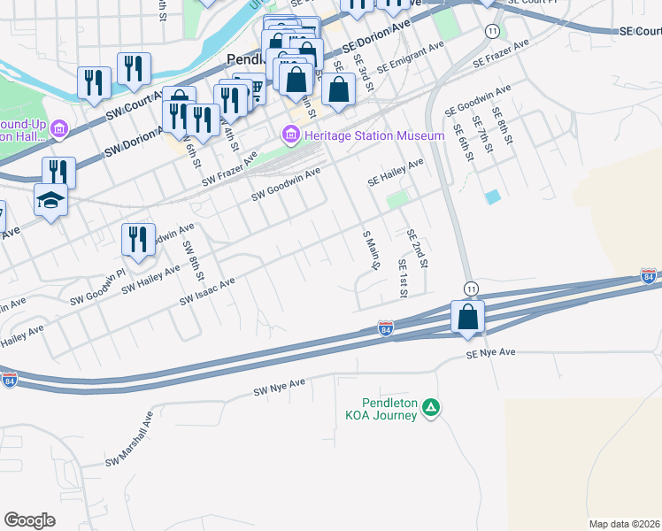 map of restaurants, bars, coffee shops, grocery stores, and more near 1703 Southwest 2nd Street in Pendleton
