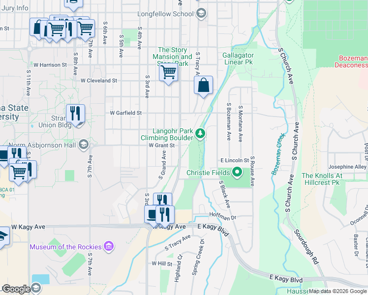 map of restaurants, bars, coffee shops, grocery stores, and more near 1427 Gallagator Linear Trail in Bozeman