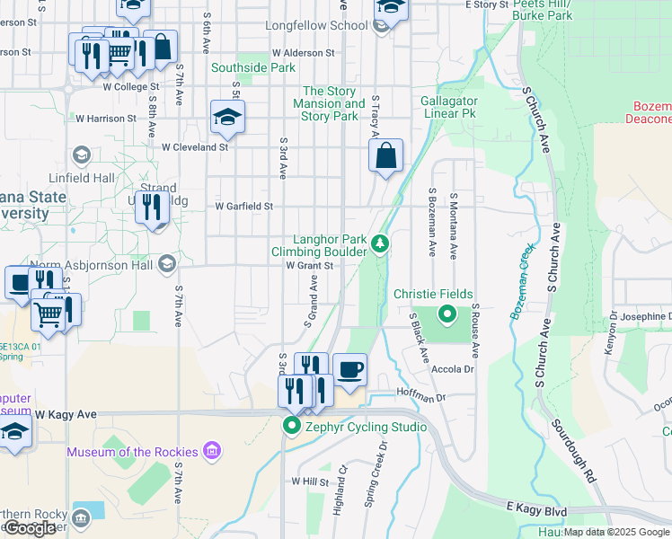 map of restaurants, bars, coffee shops, grocery stores, and more near 1427 Gallagator Linear Trail in Bozeman