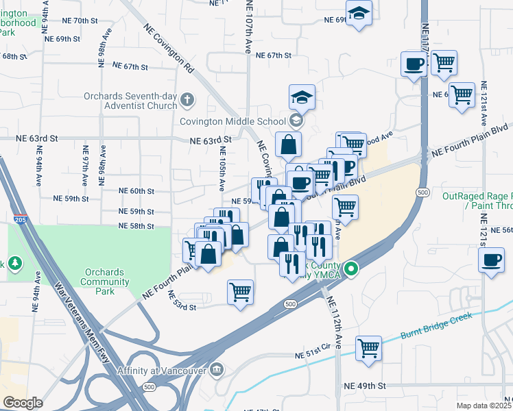 map of restaurants, bars, coffee shops, grocery stores, and more near 10620 Northeast Fourth Plain Boulevard in Vancouver